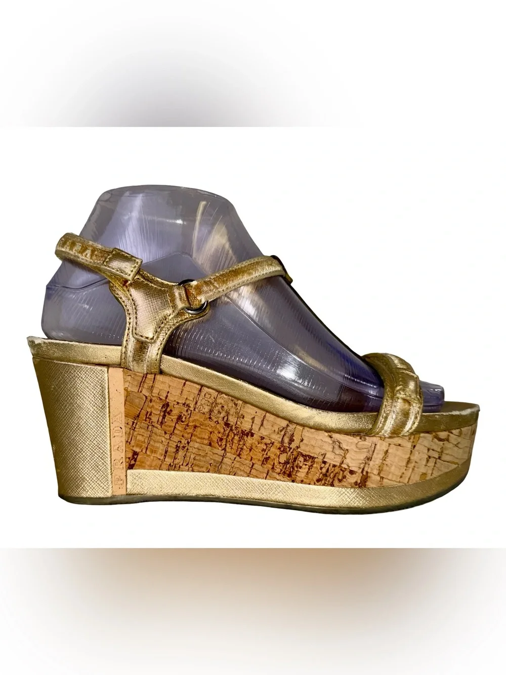 PRADA GOLD WEDGE SANDALS WITH CORK PLATFORMS